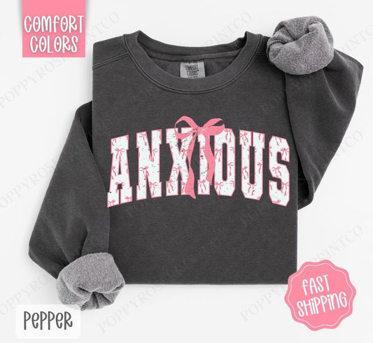 Pink Anxious Bow Comfort Colors Sweatshirt, Women's Crewneck, Cute Women's Sweater