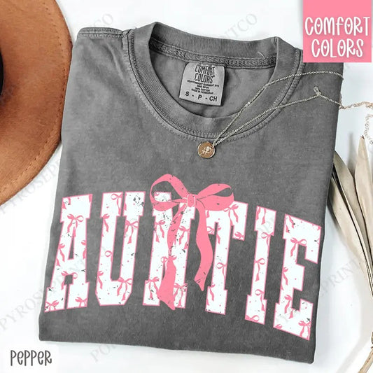 Pink Auntie Bow Shirt Comfort Colors, Women's Tee, Cute Women's Tshirt