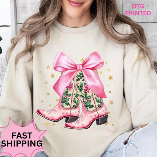 Pink Christmas Boots Christmas Sweatshirt Winter Graphic Long Sleeve Casual Cotton Polyester Oversized sweatshirt - Comfort Crewneck Womenswear