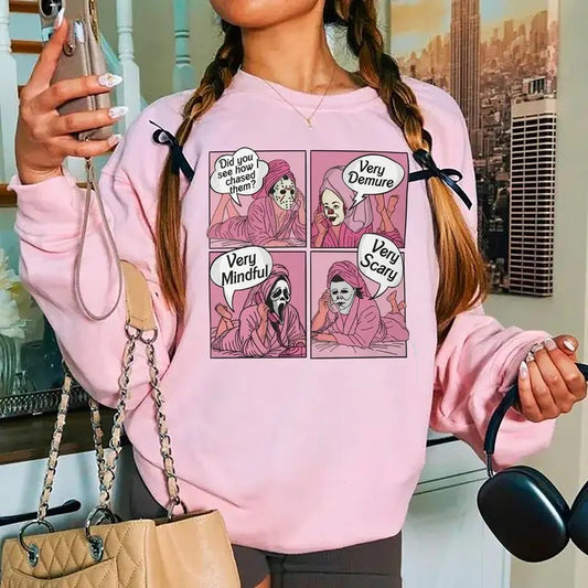 Pink Halloween Sweatshirt, Very Cutesy Very Mindful Very Demure Shirt, Girly Halloween Sweatshirt, Trendy Halloween Shirt, Halloween Sweatshirt For Womens Comfort T-Shirt Womenswear