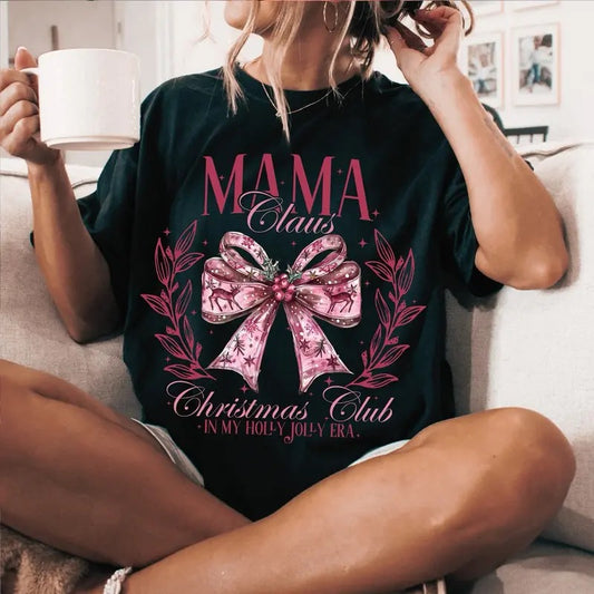 Pink Mama Claus TShirt, Coquette bow Christmas Sweatshirt, Christmas Season Unisex Women's Top in 100% Cotton - Fit Crewneck Fabric