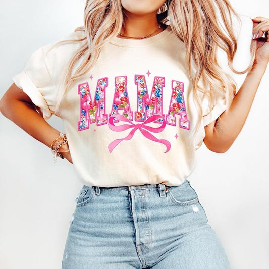 Pink Mama Coquette, Mama, Floral Mama Chinoiserie, Mama Varsity, Mothers Day, Gift for Mom, Embroidery Lace Coquette Bow Tshirt