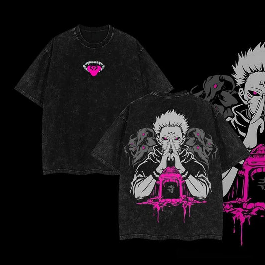 Pink Ryomen Sukuna x Jujutsu kaisen Anime Double Printed Vintage Washed Tee Unisex Oversize Heavyweight Cotton T-shirt for Anime Fans and Lovers
