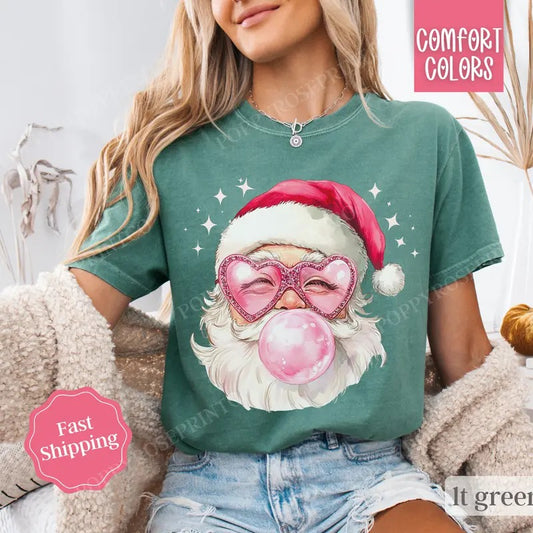 Pink Santa Bubble Shirt Comfort Colors Christmas Tshirt,  Coquette Xmas Tshirt, Women's Holiday Tee