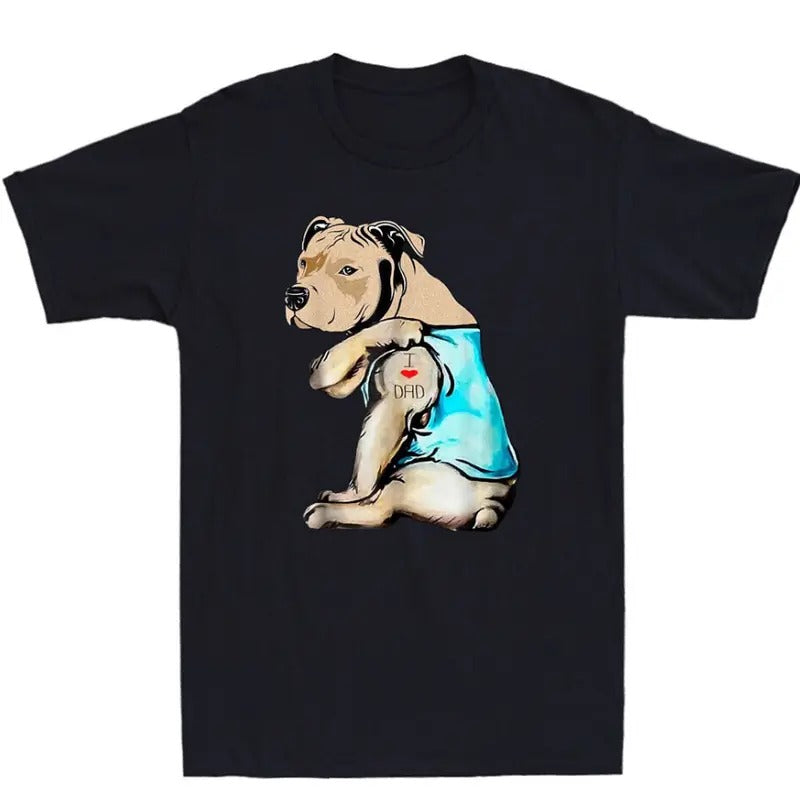 Pitbull Dog I Love Dad Tattoo Funny Family Fathers Day Gift Retro Men's T-Shirt