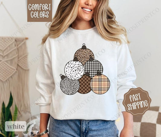Plaid Christmas Ornament Sweatshirt Comfort Colors, Preppy Christmas Crewneck,  Womens Holiday Sweater