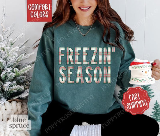 Plaid Freezin' Season Comfort Colors Sweatshirt, Trendy  Women's Crewneck, Winter Women's Sweater