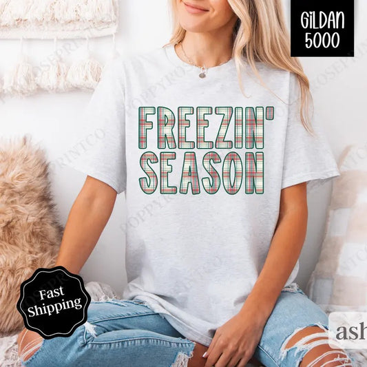Plaid Freezin' Season Shirt Gildan, Trendy Women's Tee,  Winter Women's Tshirt Plus Sizes
