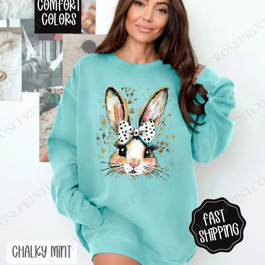 Polka Dot Bow Bunny Comfort Colors Sweatshirt, Cute Easter Women's Crewneck, Trendy Religious Women's Sweater, Gift for Her