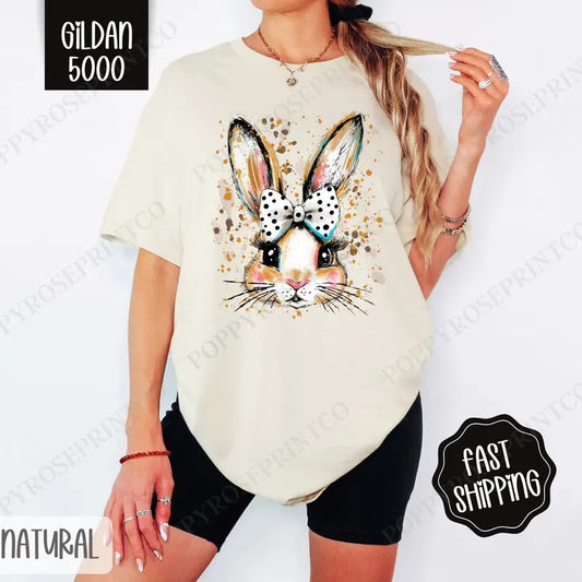 Polka Dot Bow Bunny Shirt Gildan, Cute Easter Tee, Trendy Religious Women's Tshirt Plus Sizes, Gift for Her