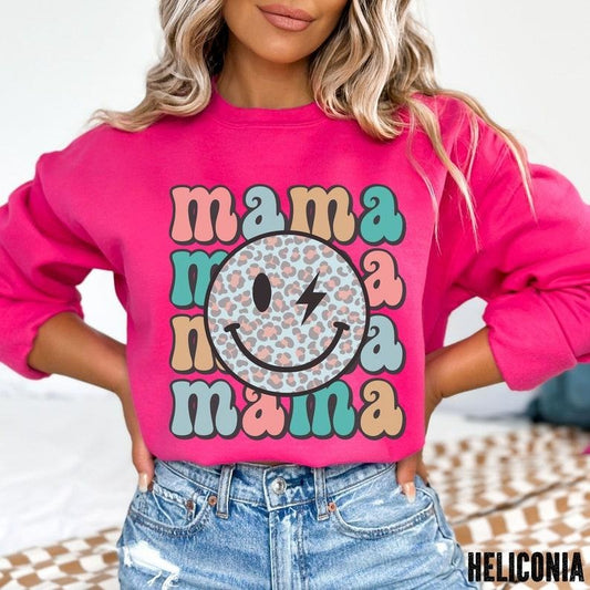 Premium  Retro Mama Sweatshirt, Smiley Face Mama Sweater, Mother's Day Shirt For Mom, Mom Sweatshirt's, Pregnancy Announcement Sweatshirt