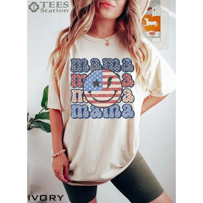 Premium  USA Smiley Flag Mama Graphic Tee, 4th of July Mama Shirt, Mom Gift, Patriotic Mom Shirt, Mama T shirt
