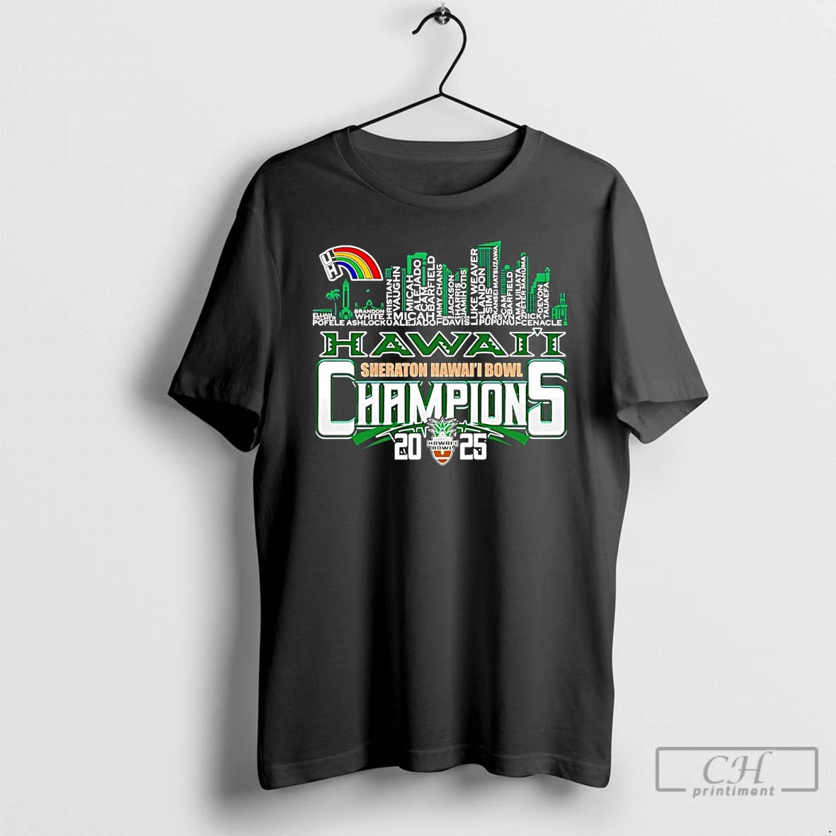 Premium Hawaii Rainbow Warriors 2025 Hawaii Bowl Champions Player Names City Skyline T Shirts Sweater Hoodie, Sweatshirt