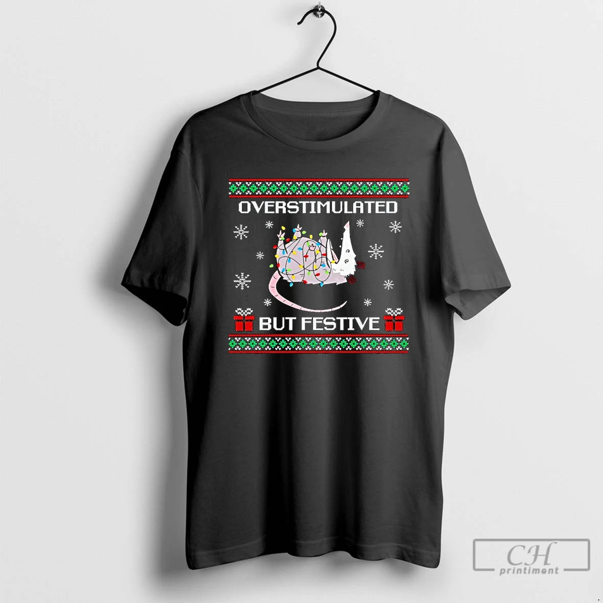 Premium Overstimulated But Festive Possum Light Christmas T-Shirts, Hoodie, Sweatshirt | CoreVibeTees.com
