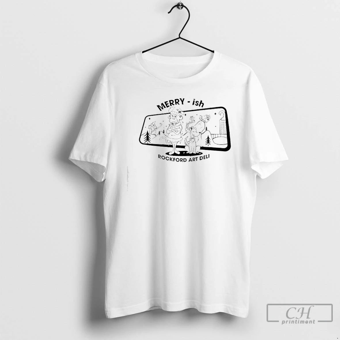 Premium Rockford Art Deli Merry Ish Holiday Monkey Dog Graphic T-Shirts, Hoodie, Sweatshirt | CoreVibeTees.com
