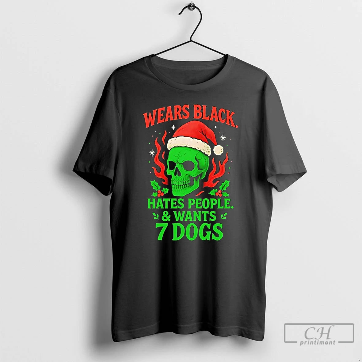 Premium Skull Santa Wears Black Hates People And Wants 7 Dogs T-Shirts, Hoodie, Sweatshirt | CoreVibeTees.com