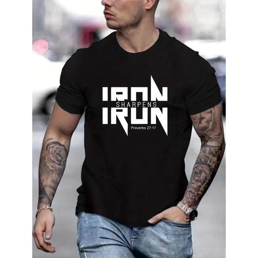 Premium, IRON SHARPENS letter-graphic printed men's creative top, casual short-sleeved crew neck T-shirt, Summer outdoor men's T-shirt, classic black and white Made in USA