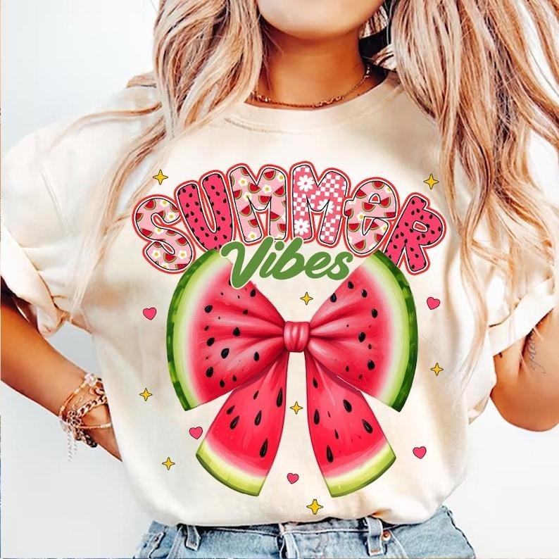Preppy Summer Vibes Watermelon Bow Coquette Cute Trendy Girly Summer T-Shirt