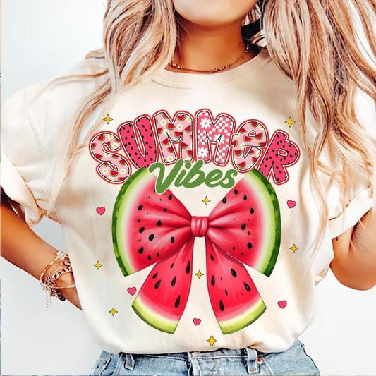 Preppy Summer Vibes Watermelon Bow Coquette Cute Trendy Girly Summer T-Shirt