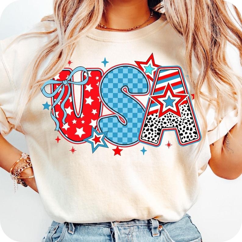 Preppy USA Coquette tshirt, Retro USA shirt, 4th of July tshirt, America Brushstroke sweatshirt, Girly USA shirt, Preppy Memorial Day tshirt, America shirt, women's shirts, Gift for Mom, Menswear Top, women top, Gift For menswear