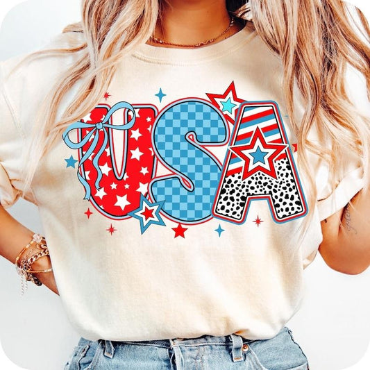 Preppy USA Coquette tshirt, Retro USA shirt, 4th of July tshirt, America Brushstroke sweatshirt, Girly USA shirt, Preppy Memorial Day tshirt, America shirt, women's shirts, Gift for Mom, Menswear Top, women top, Gift For menswear