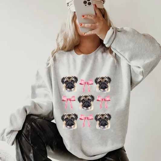 Pug with bows Sweatshirt ~ Sweatshirt Unisex Apparel Relaxed Fit Printed in the USA Clothing Womenswear Casual and Comfortable