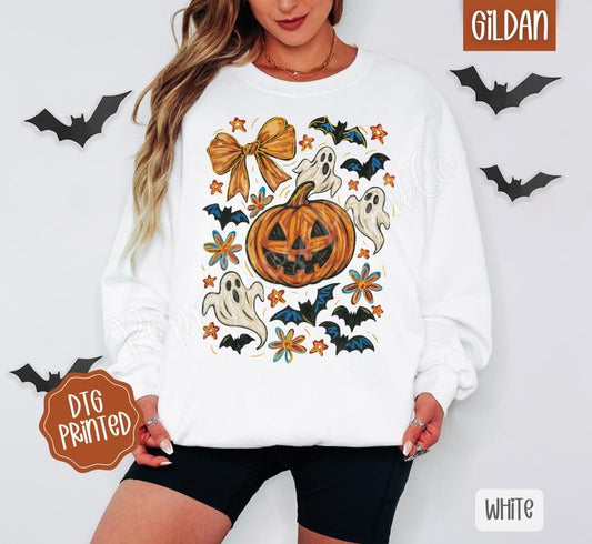 Pumpkin Floral Collage Sweatshirt, Trendy Halloween Crewneck