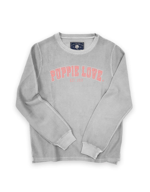 UNIVERSITY FONT CORDUROY CREWNECK SWEATER, PEARL GREY