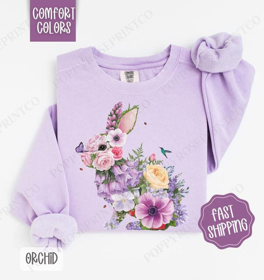 Purple Floral  Bunny Comfort Colors Sweatshirt, Cute Easter Women's Crewneck, Trendy Bunny Women's Sweater, Gift for Her