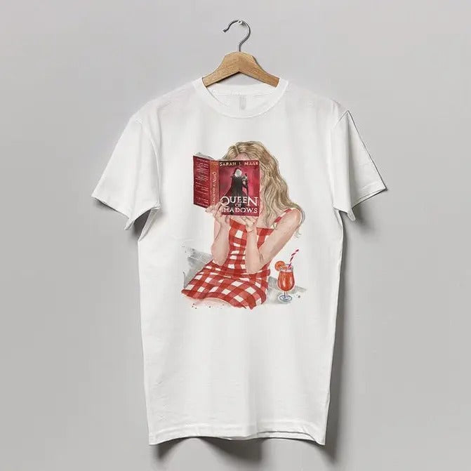 Queen of Shadows book t-shirt | 100% cotton t-shirt | printed from hand painted watercolor artwork by Olga Cree | hair and skin options, Gift For Her, Gift For Book Lover