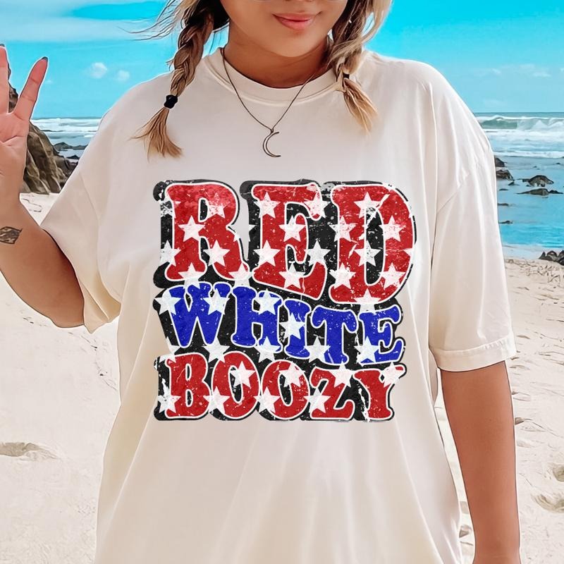 RED WHITE AND BOOZY SPARKLE SHIRT, RED WHITE BOOZE SHIRT, 4TH OF JULY PARTY SHIRT, DRINKING 4TH OF JULY, UNISEX COTTON CASUAL SHIRT Comfort Fabric Top Womenswear Oversized Underwear