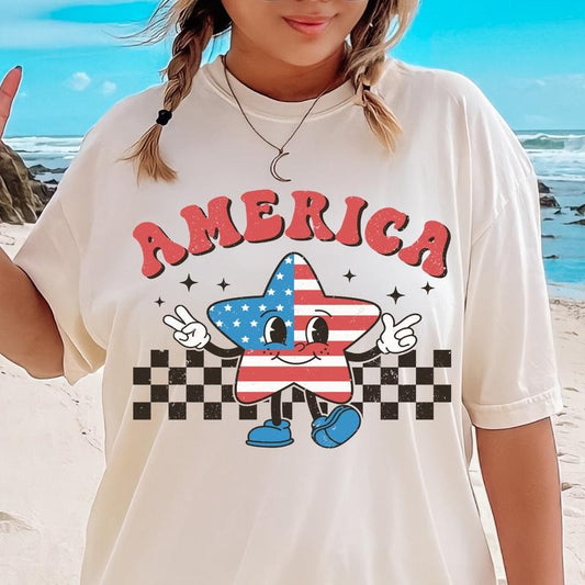 RETRO 4TH OF JULY SHIRT,  RETRO AMERICA STAR SHIRT, TRENDY 4TH OF JULY SHIRT,JULY 4TH SHIRT UNISEX COTTON SHIRT, OVERSIZED HOLIDAY SUMMER SHIRT Comfort Top Womenswear Fabric Underwear Lady
