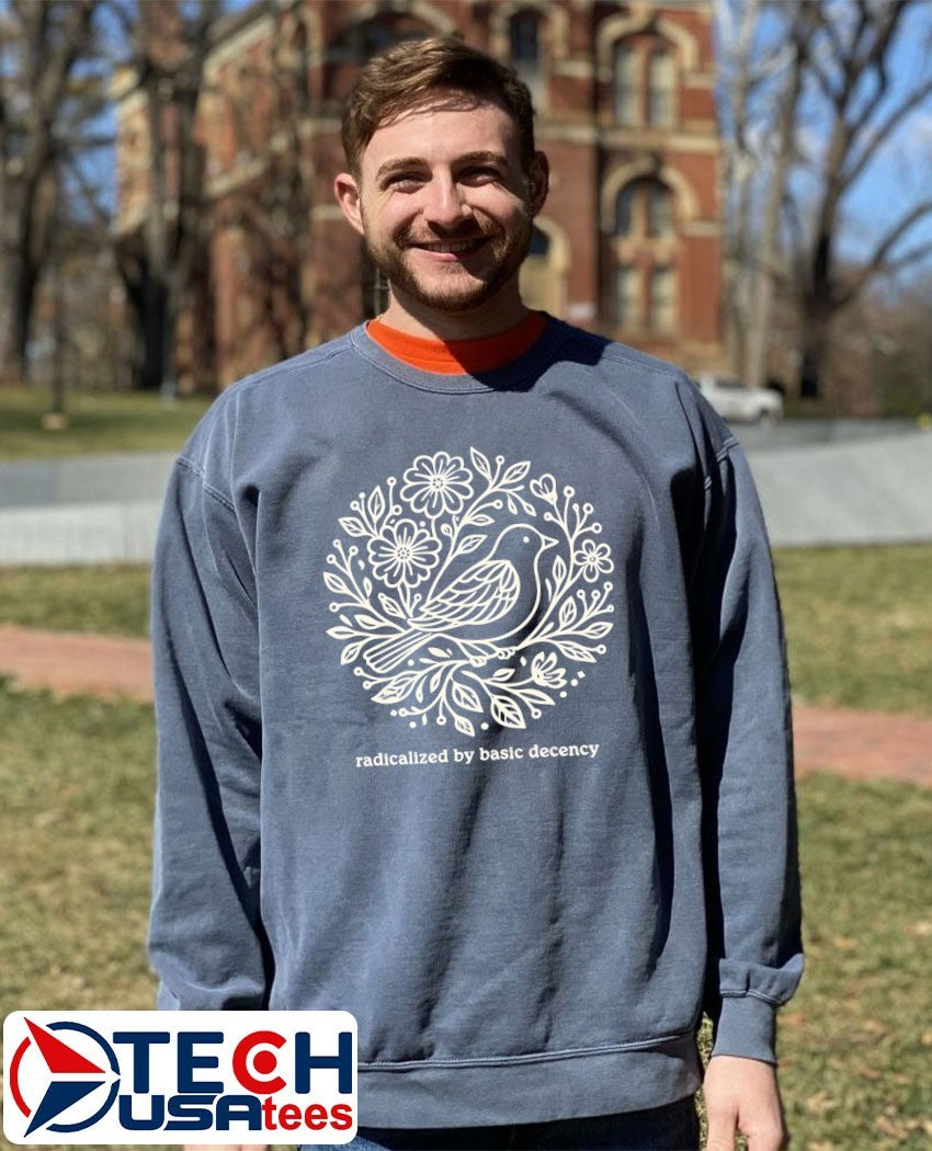 Radicalized by basic decency floral bird shirt