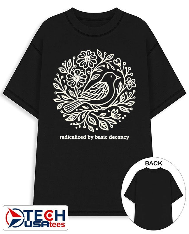 Radicalized by basic decency floral bird shirt
