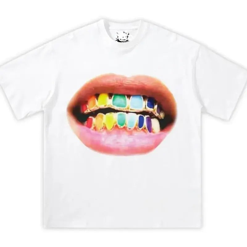 Rainbow Grillz Mouth Boxy Cotton Tee Shirt