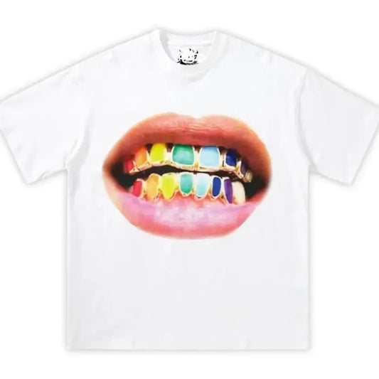 Rainbow Grillz Mouth Boxy Cotton Tee Shirt