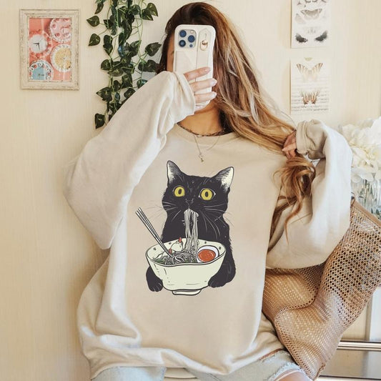 Ramen Cat Shirt, Noodle Cat Sweatshirt, Kawaii Tees, Ramen Cat Shirt, Foodie Lover Shirts, Ramen Cat Shirt, Anime Cat Shirt, Black Cat Noodle Sweatshirt, Retro Cat Tees, Japanese Style Shirt, Cat Lover Sweatshirt, Kitty Tee