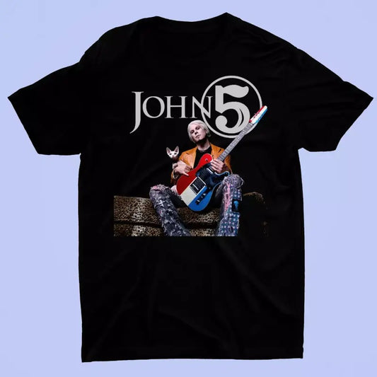 Rare John 5 And Cat Funny Short Sleeve Black All Size Gift Shirt