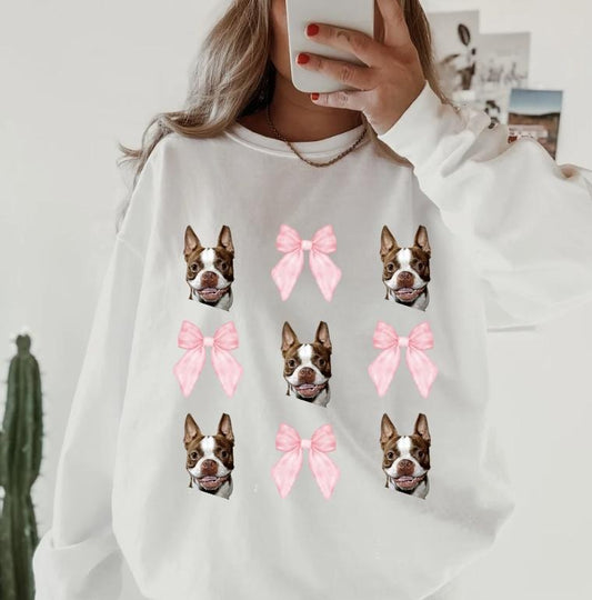 Brown/Red Boston Terrier with Bows Sweatshirt ~ Sweatshirt Unisex Apparel Relaxed Fit Printed in the USA Clothing Womenswear Casual and Comfortable
