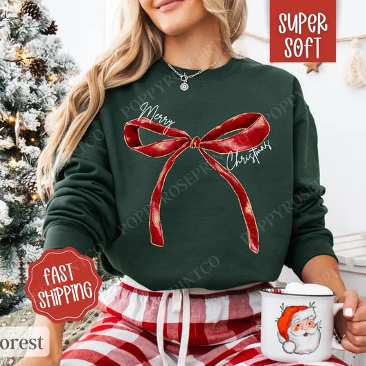 Red Merry Christmas Bow Sweatshirt, Coquette Merry Christmas Bow Crewneck,  Women's Holiday Sweater
