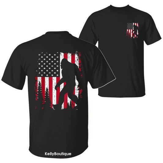 Red White and Bigfoot 4th of July American USA Flag T-Shirt, Gift for Sasquatch Lovers, Independence Day Patriotic 2 Sided Design Unisex Cotton T-shirt for Men for Women