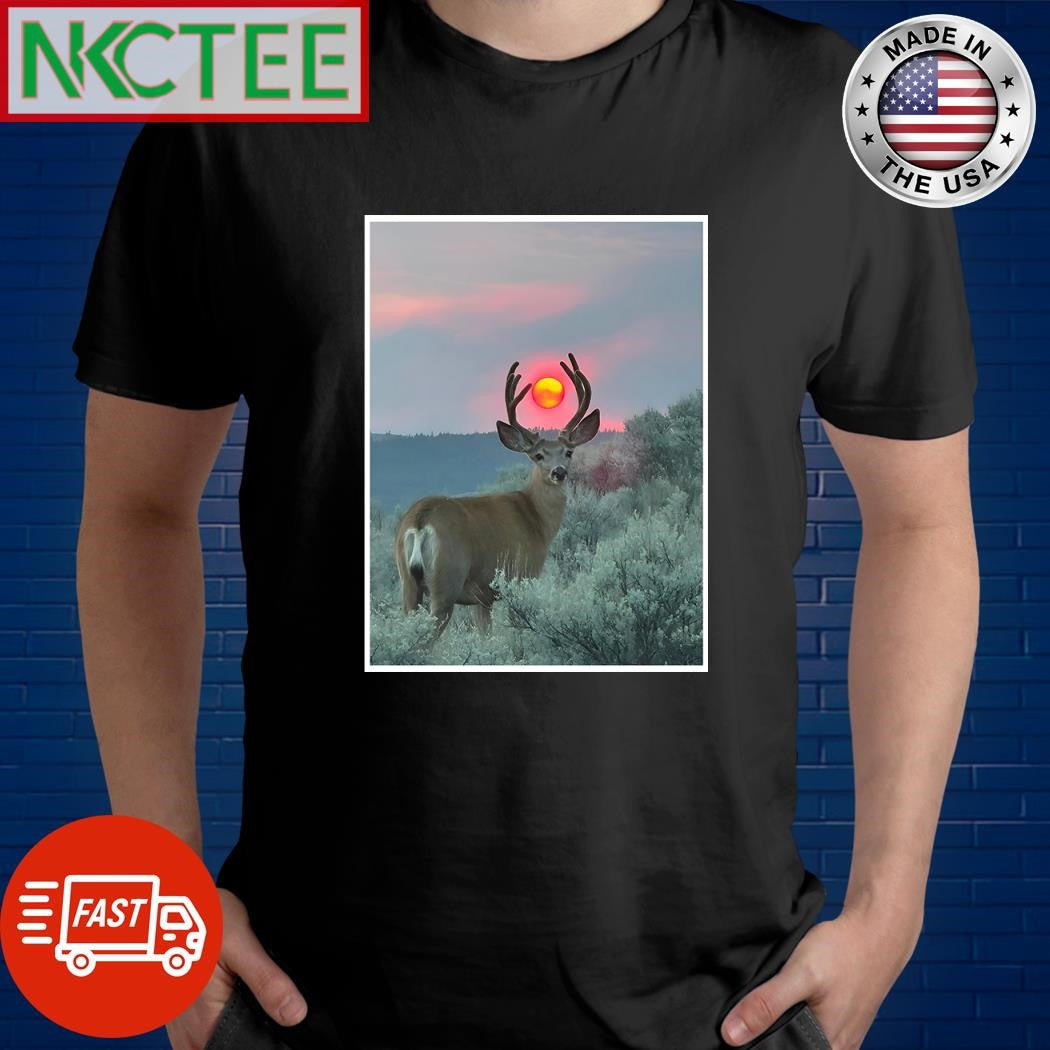 Reindeer with sunset between antlers shirt