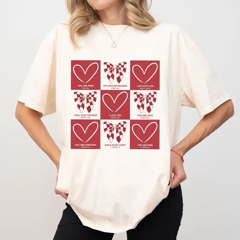 Religious Valentine's Day Comfort Colors Shirt, Conversation Hearts T-shirt, Checkered Bow Bible Verse Tee, Valentine's...