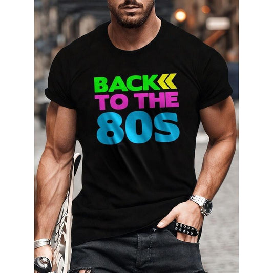 Retro '80s Inspired Men'S Casual T-Shirt - 100% Cotton Crew Neck Tee with Slight Stretch, Knit Fabric, Printed Applique Detail for Running, Yoga, and Weekend Outings - Summer Top for Men Made in USA