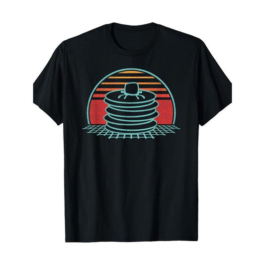Retro 80s Style T-Shirt Retro 80s Pancake Geometric Pattern Crew Neck T-Shirt - Regular Fit, Short Sleeve, All-Season, Digital Heat Transfer Detail, Casual Weekend Wear Made in USA