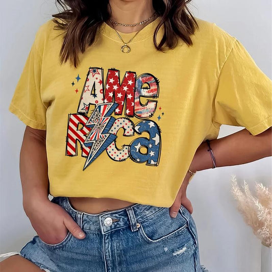 Retro America Shirt, Vintage 90s America Graphic Tee, 4th of July Shirt, Patriotic USA Tshirt, Independence Day USA Tshirt, American Shirt For Women, Retro USA Shirt, Lightning Graphic Women Tops, Comfy Cotton Oversized Graphic Tee, Relaxed Fit Chic Style