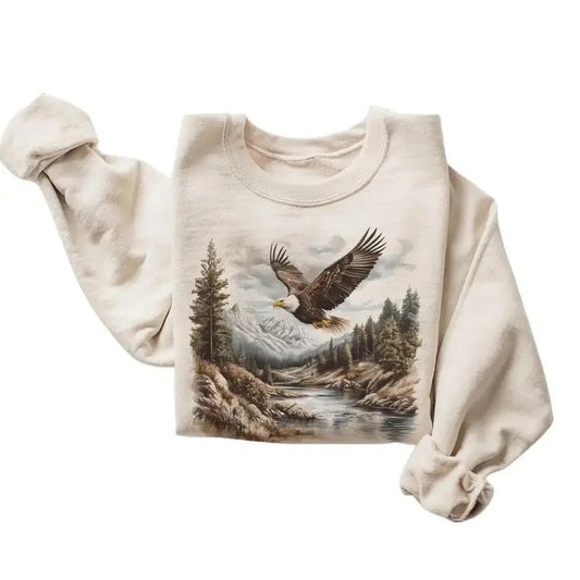 Retro Bald Eagle River Scene Sweatshirt - 90s Birds Of Prey Forest Nature - Boho Unisex Crewneck Sweatshirt Cotton Pullover Menswear Day