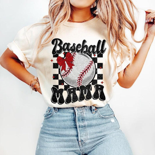 Retro Baseball Mama Tshirt-sweatshirt-hoodie, Baseball , Baseball Coquette sweatshirt, Game Day , Baseball Mom , Checkered Baseball Bow T-shirt