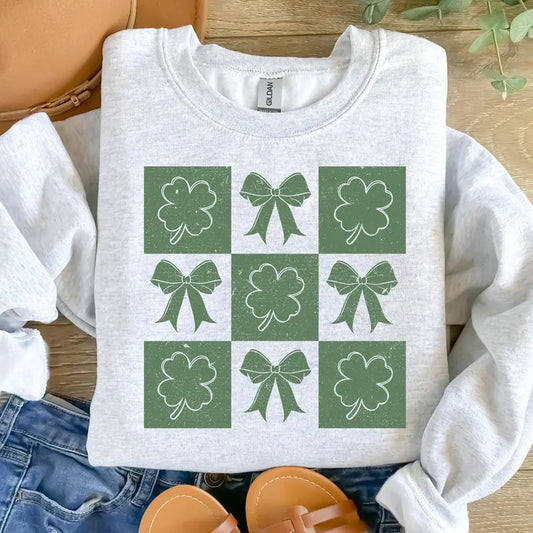 Retro Checkered St Patrick's Day Sweatshirt, Coquette St Patty's Day Shirt, Lucky Shamrock Shirt, St Patricks Coquette Tee, Lucky Charm Sweater, St Patricks Gift, St Patty's Shirt, Irish Bow Shirts