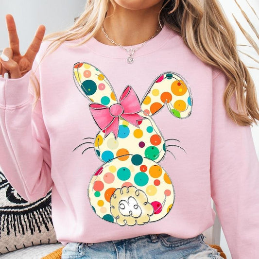 Retro Easter Bunny , Happy Easter , Pink Easter Bow , Floral Spring , Girls Pink Easter , Polka Dot Bunny Ears Sweatshirt